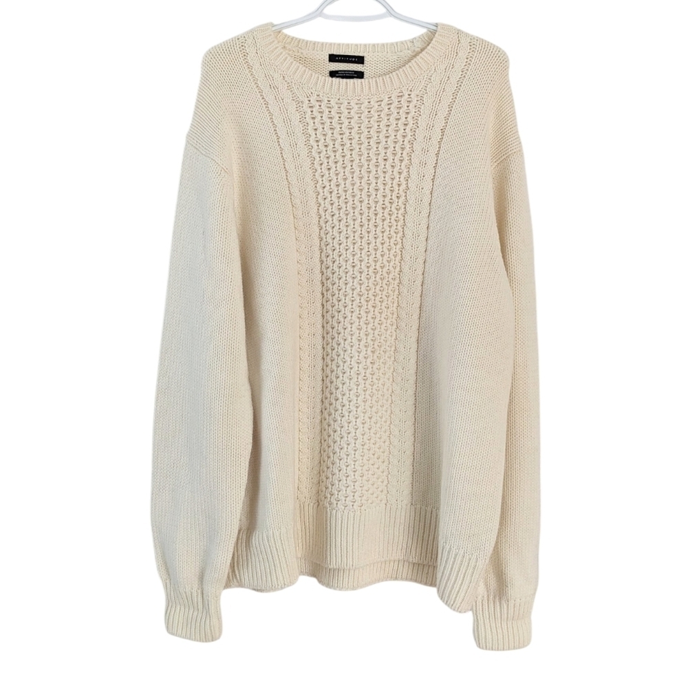 Attitude Merino Wool cable knit crew neck long sweater beige cream white XL